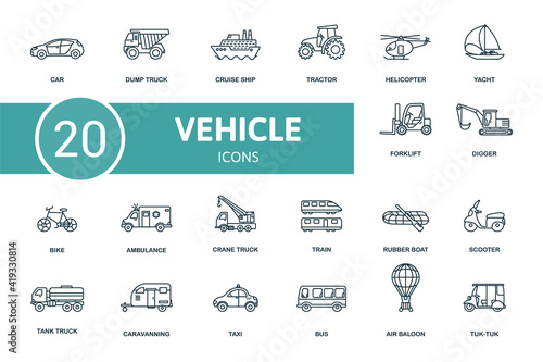 Vehicle icon set. Contains editable icons vehicle theme such as dump truck, tractor, yacht and more.