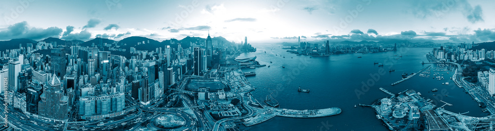 Panorama view of Hong Kong city in blue color tone