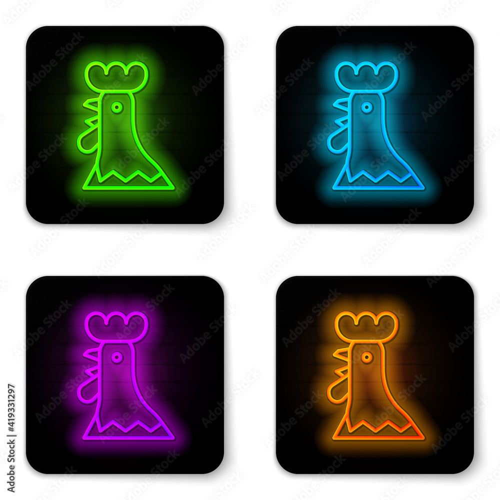 Glowing neon line French rooster icon isolated on white background. Black square button. Vector. Glowing neon line French rooster icon isolated on white background. Black square button. Vector.
