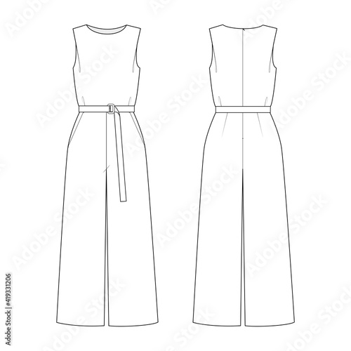 Fashion technical drawing of women's sleeveless jumpsuit