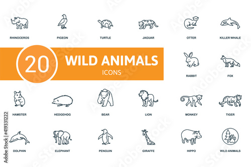 Wild Animals icon set. Contains editable icons wild animals theme such as pigeon, jaguar, killer whale and more.