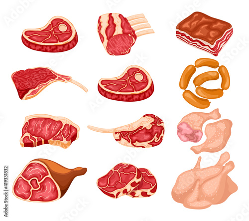Cartoon meat set. Pork, beef and lamb raw meat products and sausages. Fresh meat food vector illustrations. Cooking farm ingredient, pig grill, butchery meal