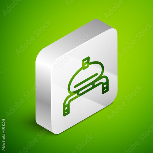 Isometric line Bread and salt on towel icon isolated on green background. National food loaf. Traditional ukrainian wedding bread. Silver square button. Vector.
