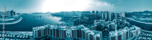 Canvas Print Panorama view of Hong Kong city in blue color tone