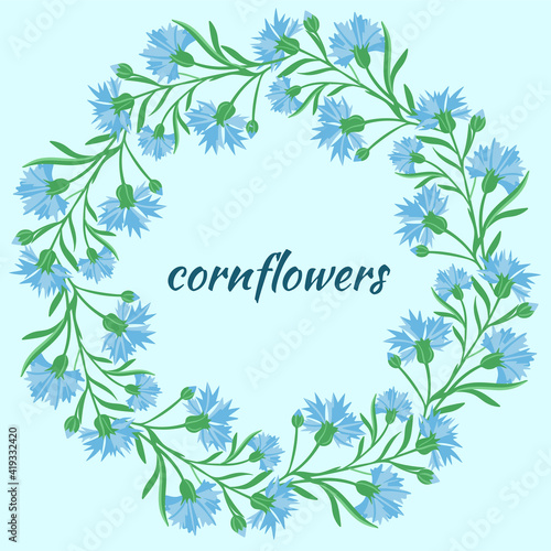 Circular frame with cornflowers. Delicate frame in a circle with wild blue flowers. Vector