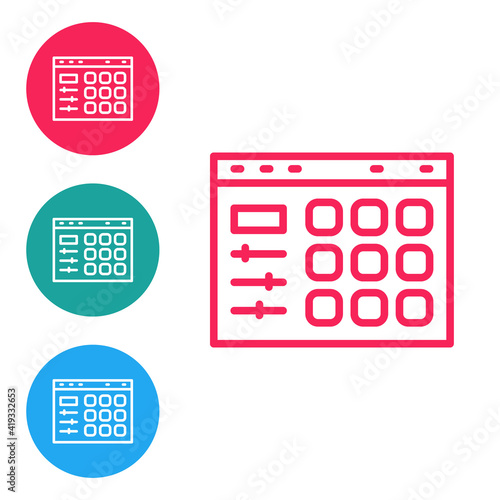 Red line Drum machine icon isolated on white background. Musical equipment. Set icons in circle buttons. Vector.