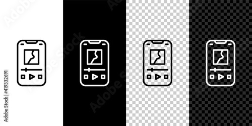Set line Music player icon isolated on black and white background. Portable music device. Vector.