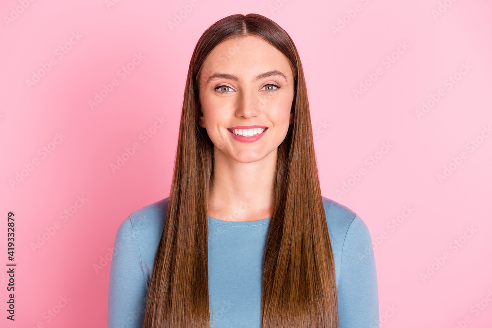 Portrait of gorgeous satisfied young lady beaming smile look camera wear shirt isolated on pink color background Portrait of gorgeous satisfied young lady beaming smile look camera wear shirt isolated on pink color background