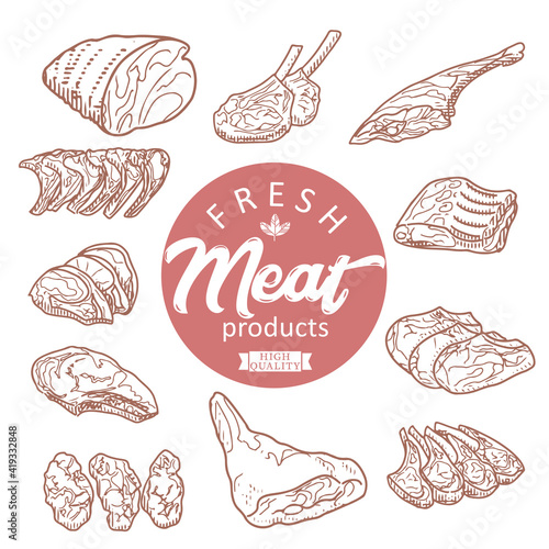Sticker of meat products. Beef, pork, lamb. Vector illustration in the style of a sketch. A booklet, banner, or flyer of a butcher shop or store.