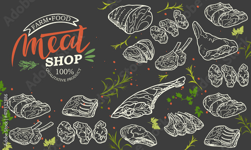 Sticker of meat products. Beef, pork, lamb. Vector illustration in the style of a sketch. A booklet, banner, or flyer of a butcher shop or store.