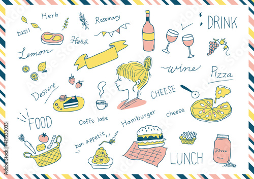 料理と女性、ワインの手描きイラストセット