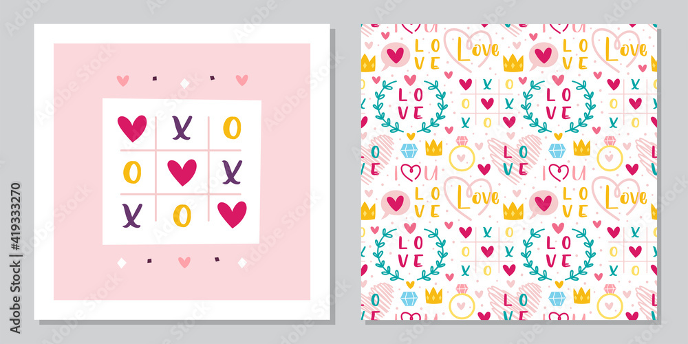 St Valentine's Day greeting card template design. Love, heart, ring, crown, tic tac toe. Relationship, emotion, passion. Seamless pattern, texture, background. St Valentine's Day greeting card template design. Love, heart, ring, crown, tic tac toe. Relationship, emotion, passion. Seamless pattern, texture, background.
