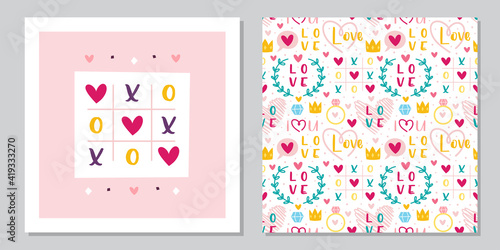 St Valentine's Day greeting card template design. Love, heart, ring, crown, tic tac toe. Relationship, emotion, passion. Seamless pattern, texture, background.
