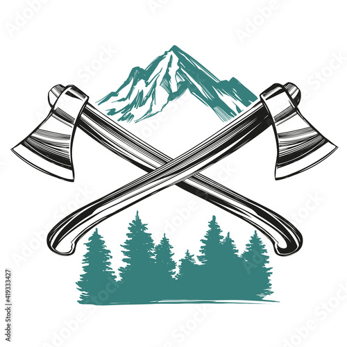 axes on the background of mountains and forests, an emblem for tourism hand drawn vector illustration sketch