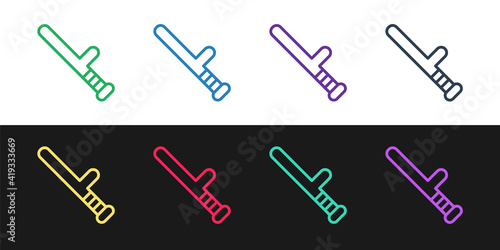 Set line Police rubber baton icon isolated on black and white background. Rubber truncheon. Police Bat. Police equipment. Vector.