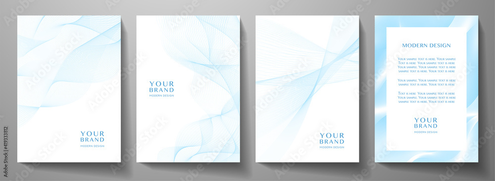 Modern cover design set. Blue, white abstract line pattern (guilloche curves). Creative wavy stripe vector collection layout for business background, certificate, brochure template