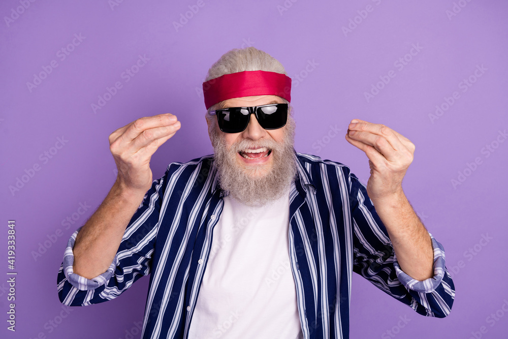 Photo of mature man angry mad blame accuse conflict unhappy disagreement isolated over violet color background