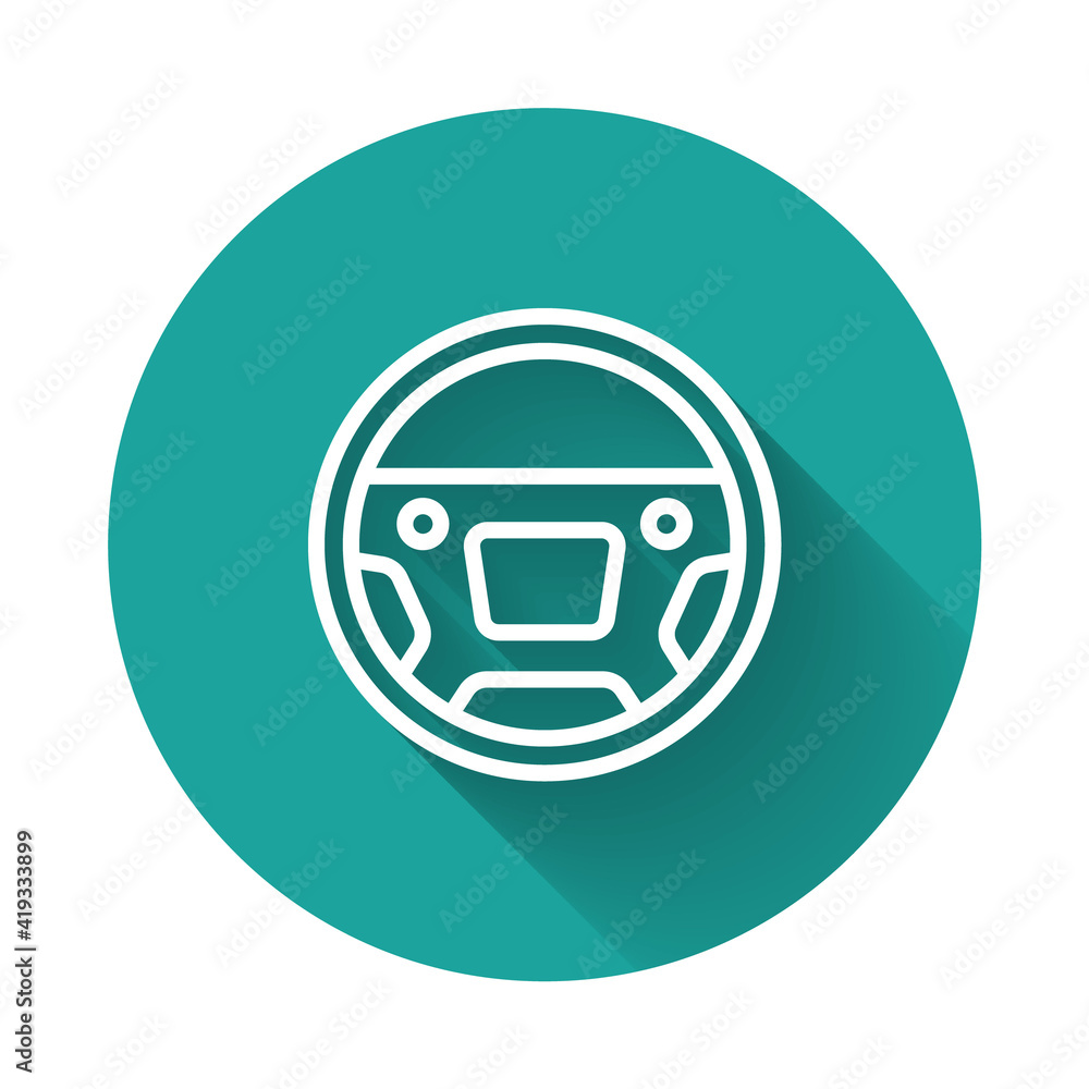 White line Steering wheel icon isolated with long shadow background. Car wheel icon. Green circle button. Vector. White line Steering wheel icon isolated with long shadow background. Car wheel icon. Green circle button. Vector.