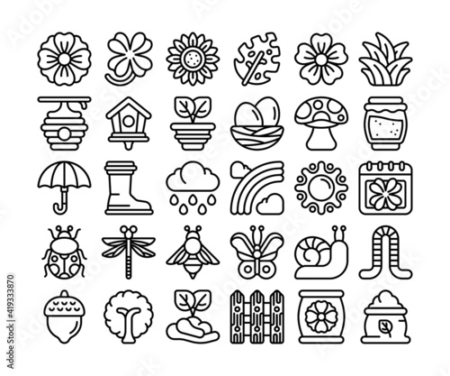 Spring icon set in detailed outline style