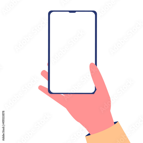 Hand holding a smartphone with a blank white screen