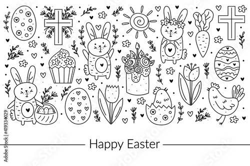 Happy Easter doodle line art design. Black monochrome elements. Rabbit, bunny, christian cross, cake, cupcake, chicken, egg, hen, flower, carrot, sun. Isolated on white background. 