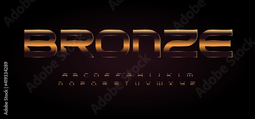 Bold wide font with dark bronze texture on black background. Golden alphabet for title and headline. Vector typography design with glossy metal surface