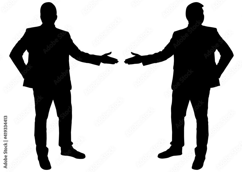 Male silhouettes stand still and point at each other with a hand, demonstrate. Businessman in a suit at a presentation shaking hands. Teacher explains the material. Black silhouette isolated on white.