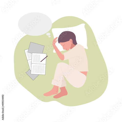 Young woman sleeps on pillow and smiles in dreams. Near lie books and notebooks with records and pencil. Girl sleeps in homewares. Lady wrote something and dozed off in bed. Top view Flat vector