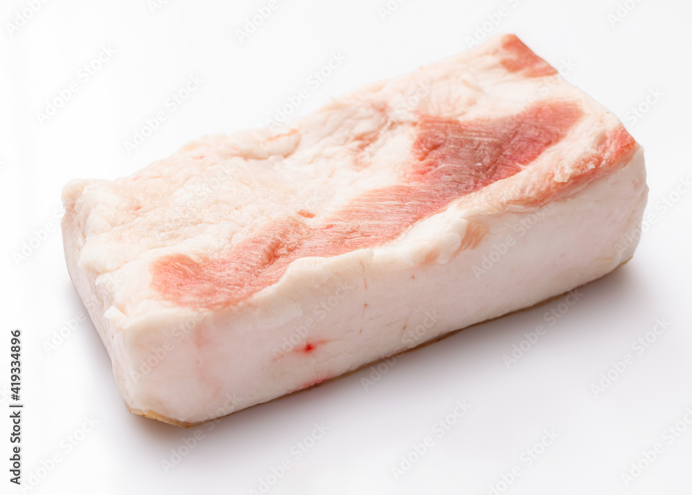 raw lard piece on white background, pork fat raw lard piece on white background, pork fat