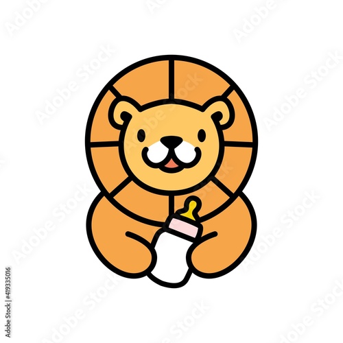 cute lion baby milk bottle cartoon playful logo vector icon illustration