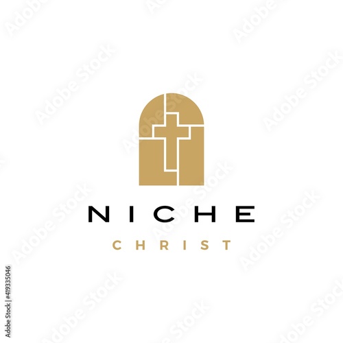 niche christ cross door arch church logo vector icon illustration
