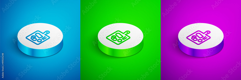 Isometric line Cutting board icon isolated on blue,green and purple background. Chopping Board symbol. White circle button. Vector. Isometric line Cutting board icon isolated on blue,green and purple background. Chopping Board symbol. White circle button. Vector.