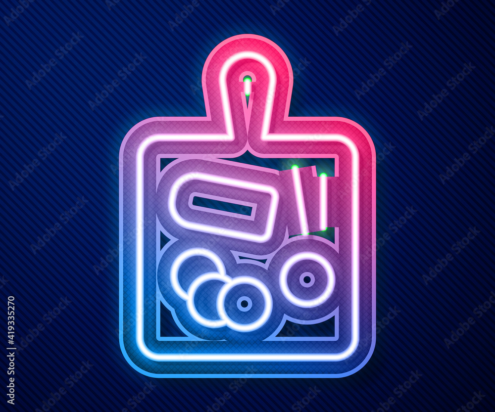Glowing neon line Cutting board icon isolated on blue background. Chopping Board symbol. Vector. Glowing neon line Cutting board icon isolated on blue background. Chopping Board symbol. Vector.