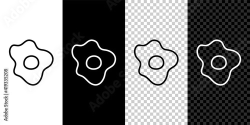 Set line Scrambled eggs icon isolated on black and white,transparent background. Home cooked food, fried egg, healthy breakfast, omelet icon. Vector.