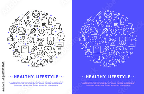 Sports infographic template. Vector set of sport tools and equipment, balls, active healthy lifestyle. Fitness and gym symbols for web, print. Sport activities background.Flat linear pictogram concept