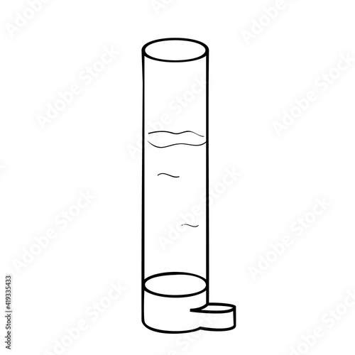 Drinking bowl for wild birds in a cage of canary parrots. Black and white. Doodle isolated outline objects on white.