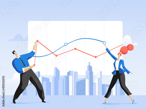 Uomo e donna che analizzano i dati grafici sullo sfondo della città