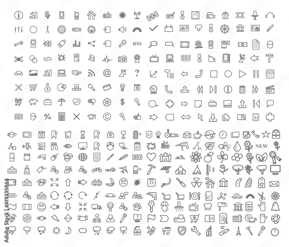 Icons Collection with 326 Items. Business, Eco and Flower symbols, Office, Medical and others symbols. Jpeg