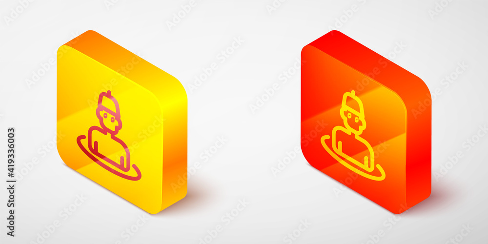 Isometric line Man in the sauna icon isolated on grey background. Yellow and orange square button. Vector. Isometric line Man in the sauna icon isolated on grey background. Yellow and orange square button. Vector.