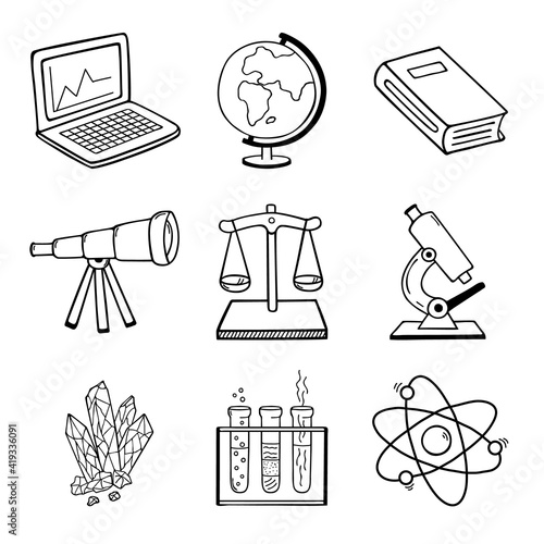 Science and education. Set of 9 vector hand drawn doodle style elements.