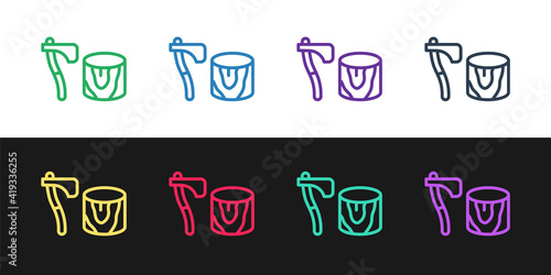 Set line Wooden axe in stump icon isolated on black and white background. Lumberjack axe. Axe stuck in wood. Chopping wood. Vector.
