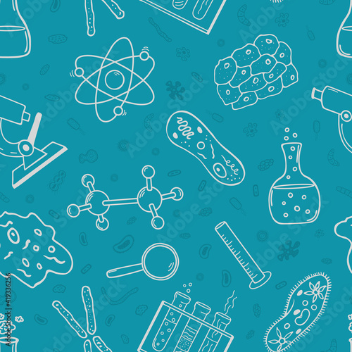 Chemistry and biology. Seamless pattern of vector hand drawn elements in doodle style.