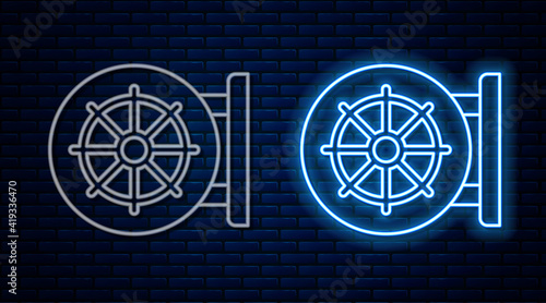 Glowing neon line Dharma wheel icon isolated on brick wall background. Buddhism religion sign. Dharmachakra symbol. Vector.