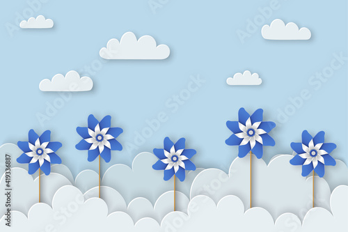 Child Abuse Prevention month of April. Stop child violence. Children protection and safety month. Child Abuse Awareness background. Poster with blue pinwheels. Banner, poster. Vector illustration photo