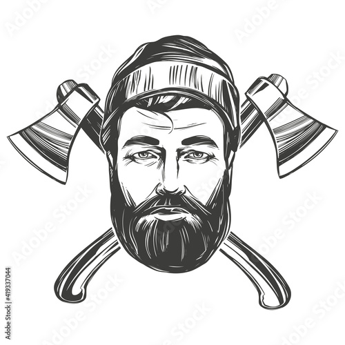 face of a burly woodcutter against the background of axes hand drawn vector illustration sketch