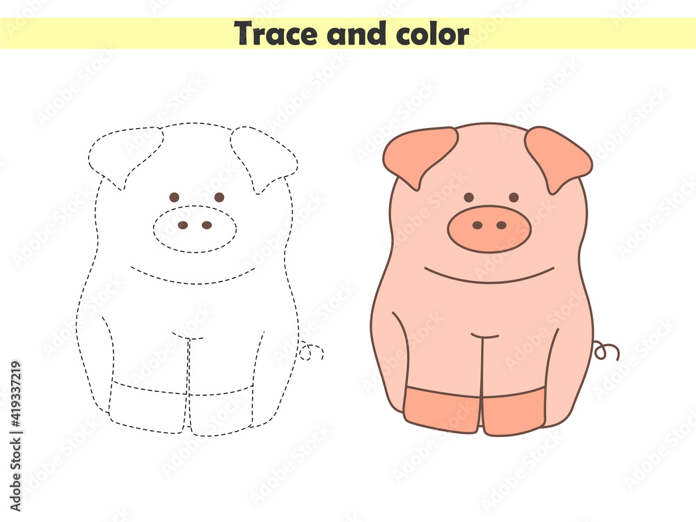 Trace and color the cute pig. Learning to draw and paint. Worksheet for ...
