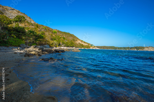 Nature blurred abstract background Of the colorful morning sun, a large lake, can see the scenery all around, cool atmosphere from the wind blowing all the time © bangprik