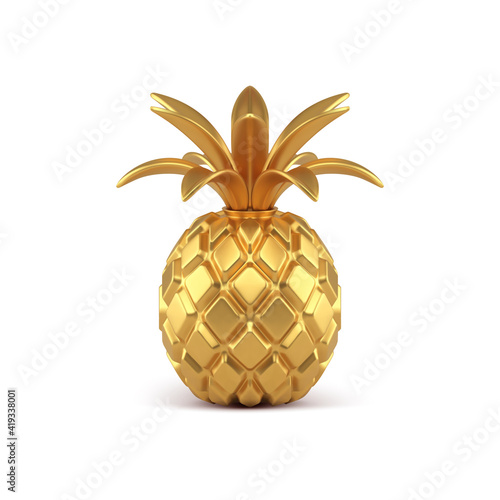 Gold 3d pineapple vector illustration. Exotic fruit molded from yellow precious metal with curved leaves ornaments.