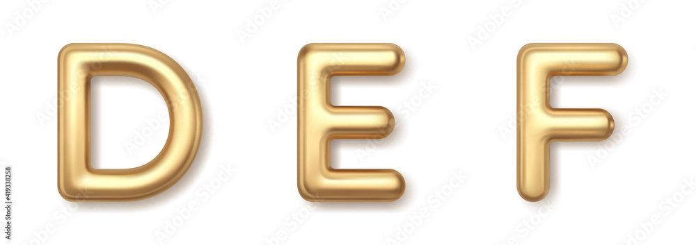 Metal yellow D E F 3d balloons letters vector icons. Gold precious font with shiny highlights and luxurious style. Metal yellow D E F 3d balloons letters vector icons. Gold precious font with shiny highlights and luxurious style.