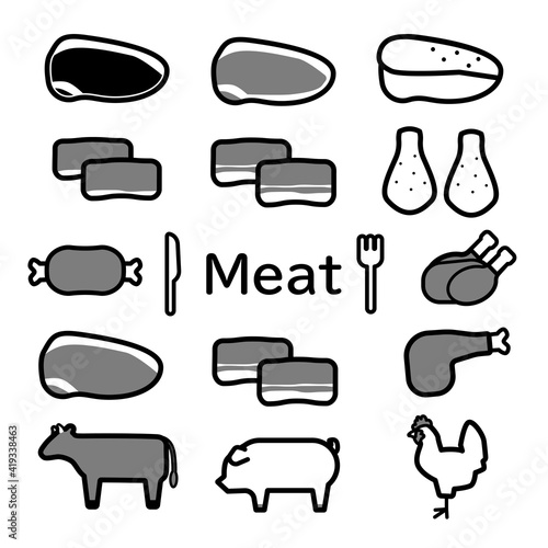シンプルでかわいいお肉のイラストセット 白黒グレー